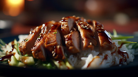 Teriyaki chicken with rice and vegetables on a dark background.の素材