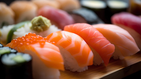 Sushi set on a wooden plate. Shallow depth of fieldの素材