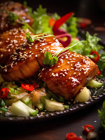 Teriyaki chicken with sesame seeds and vegetables on a dark backgroundの素材