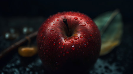 Red apple with drops of water on a dark background. Toned.の素材
