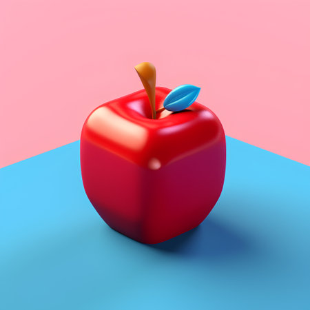Red apple on blue and pink background. 3d render illustration.の素材
