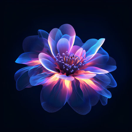Beautiful flower with blue and pink gradient, isolated on black backgroundの素材
