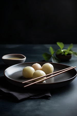 Traditional Japanese dumplings with ginger and soy sauce on dark backgroundの素材