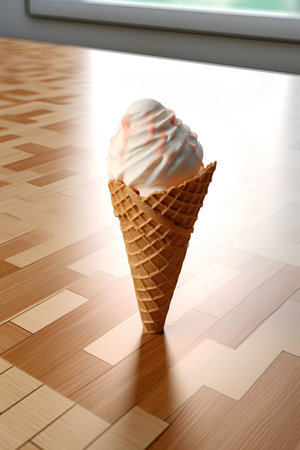 ice cream in a waffle cone on a wooden floor. 3d renderingの素材