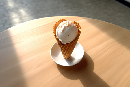 Ice cream in waffle cone on wooden table, 3d renderの素材