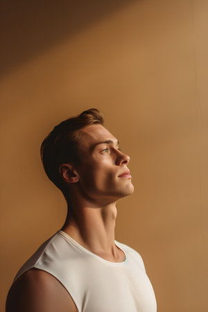 Side view of handsome young man looking away while standing against beige backgroundの素材