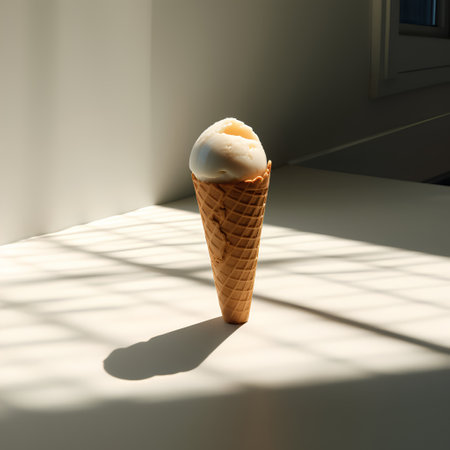 Ice cream in a waffle cone on a white table with shadows.の素材