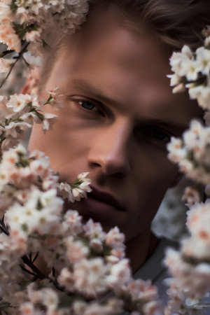 Close-up portrait of a handsome young man with flowers in his hairの素材