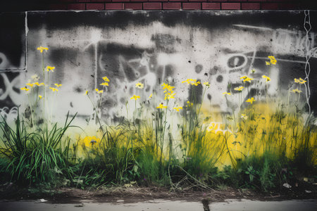 Yellow daffodils on the old concrete wall with graffiti.の素材