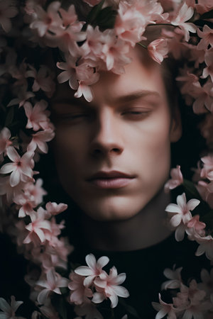 Portrait of a beautiful young woman with pink flowers in her hairの素材