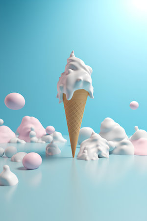Ice cream in a waffle cone on a blue background. 3d renderingの素材