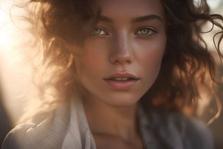 Portrait of a beautiful young woman with curly hair in the sunlightの素材