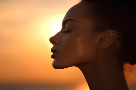 Portrait of a beautiful woman with closed eyes on sunset background.の素材