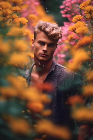 Handsome young man with blond hair and stylish haircut, posing in a field of flowersの素材