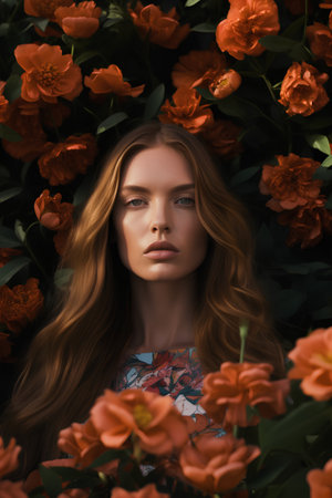 Portrait of a beautiful young woman with long red hair and flowers. Beauty, fashion.の素材