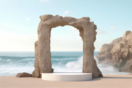 3d render of stone arch on the beach with ocean in the backgroundの素材