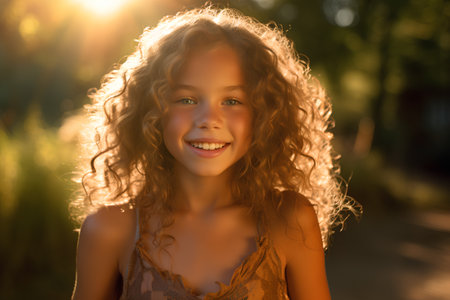 Portrait of a beautiful young girl with curly hair at sunset.の素材