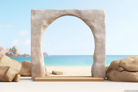 3d illustration of stone arch on the beach background. 3D renderingの素材