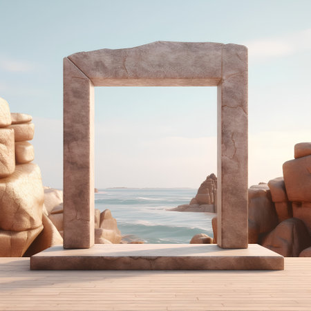 Stone arch leading to the sea. 3d render. Mock upの素材