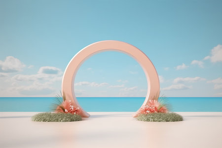 pink arch on the beach with sea and sky, 3d renderの素材