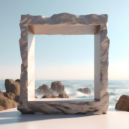 3D rendering of a stone frame on a background of sea and skyの素材