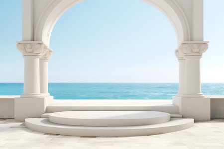 Podium on the seashore background. 3d render.の素材
