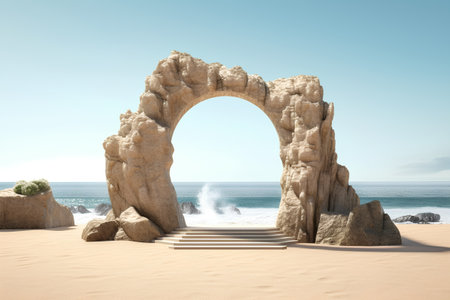 3D rendering of a stone arch at the beach with a blue skyの素材