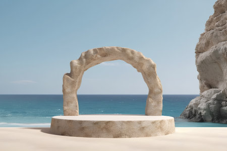 3d render of stone arch on sandy beach and blue sky backgroundの素材