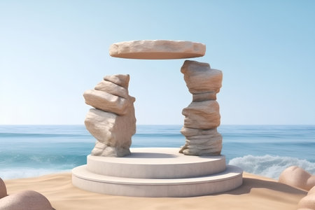 Stone pedestal on the beach. 3d render of stone pedestalの素材