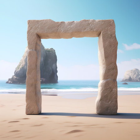 Stone arch in the sand on the beach. 3d render illustrationの素材