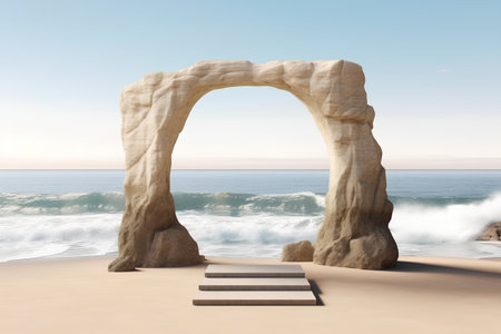 3D rendering of a stone arch leading to the beach and seaの素材