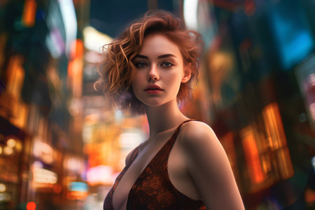 Beautiful young woman in the night city. 3d rendering.の素材
