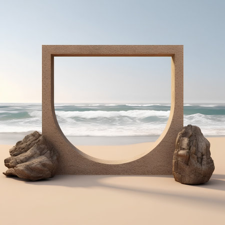 stone frame on the beach with sea and sky in the background illustrationの素材