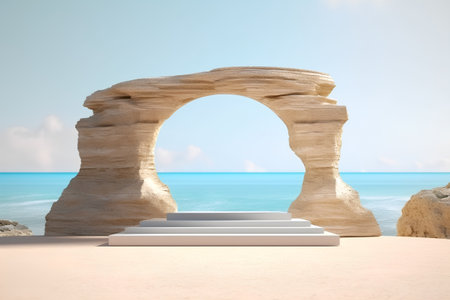 stone arch on the beach with sea and sky, 3d renderの素材