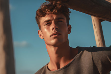 Portrait of a handsome young man on the beach. Men's beauty, fashion.の素材