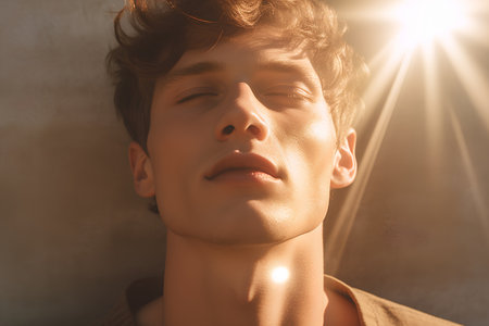 Close-up portrait of handsome young man with closed eyes looking awayの素材