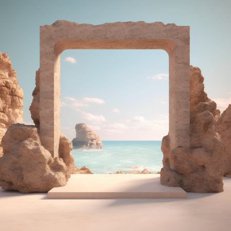Sea view through the stone doorway. 3D render. Conceptual image.の素材