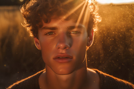 Portrait of a handsome young man in a golden field at sunset.の素材