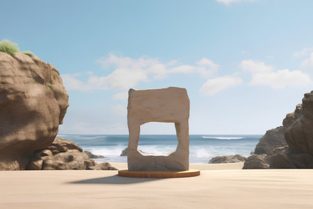3D rendering of a stone sculpture on a sandy beach near the oceanの素材