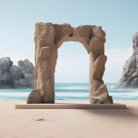 Stone arch in the sand on the beach. 3d render illustrationの素材
