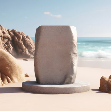 Stone podium on the beach. 3d render. Conceptual image.の素材