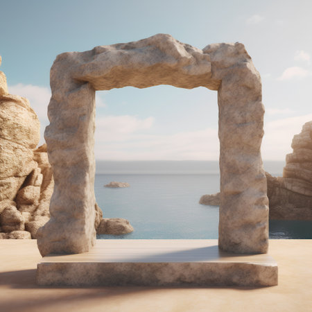 Stone entrance to the sea. 3D render. Concept of travel and vacation.の素材