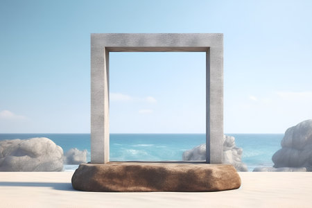 stone frame on the beach with ocean in the background, 3d renderの素材