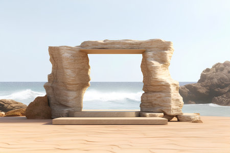 3d render of stone entrance to beach with blue ocean and skyの素材