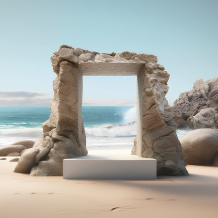 3d render of a stone entrance on the beach with sea backgroundの素材