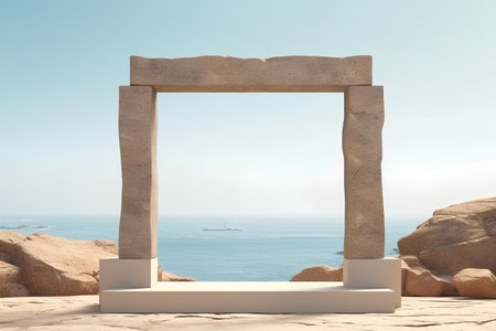 Stone arch on the beach with sea in the background, 3d renderの素材