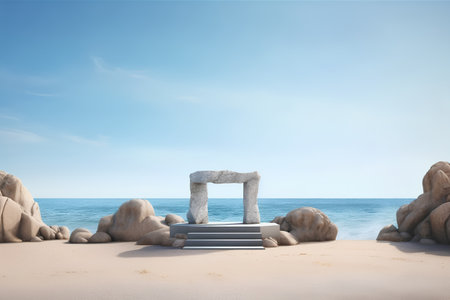 Stone arch in the sand with sea and blue sky. 3d renderの素材