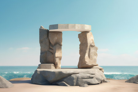 Stone arch on the beach. 3D render. Sea background.の素材