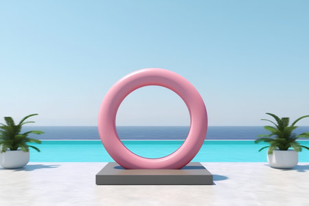 3D rendering of a swimming pool on a sunny day with a pink circleの素材