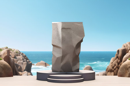 3D rendering of a stone sculpture on a beach with the sea in the backgroundの素材